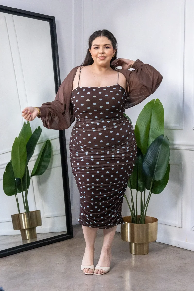 Vestido Midi Curvy Mesh Polka Dots Café - Imagen 5