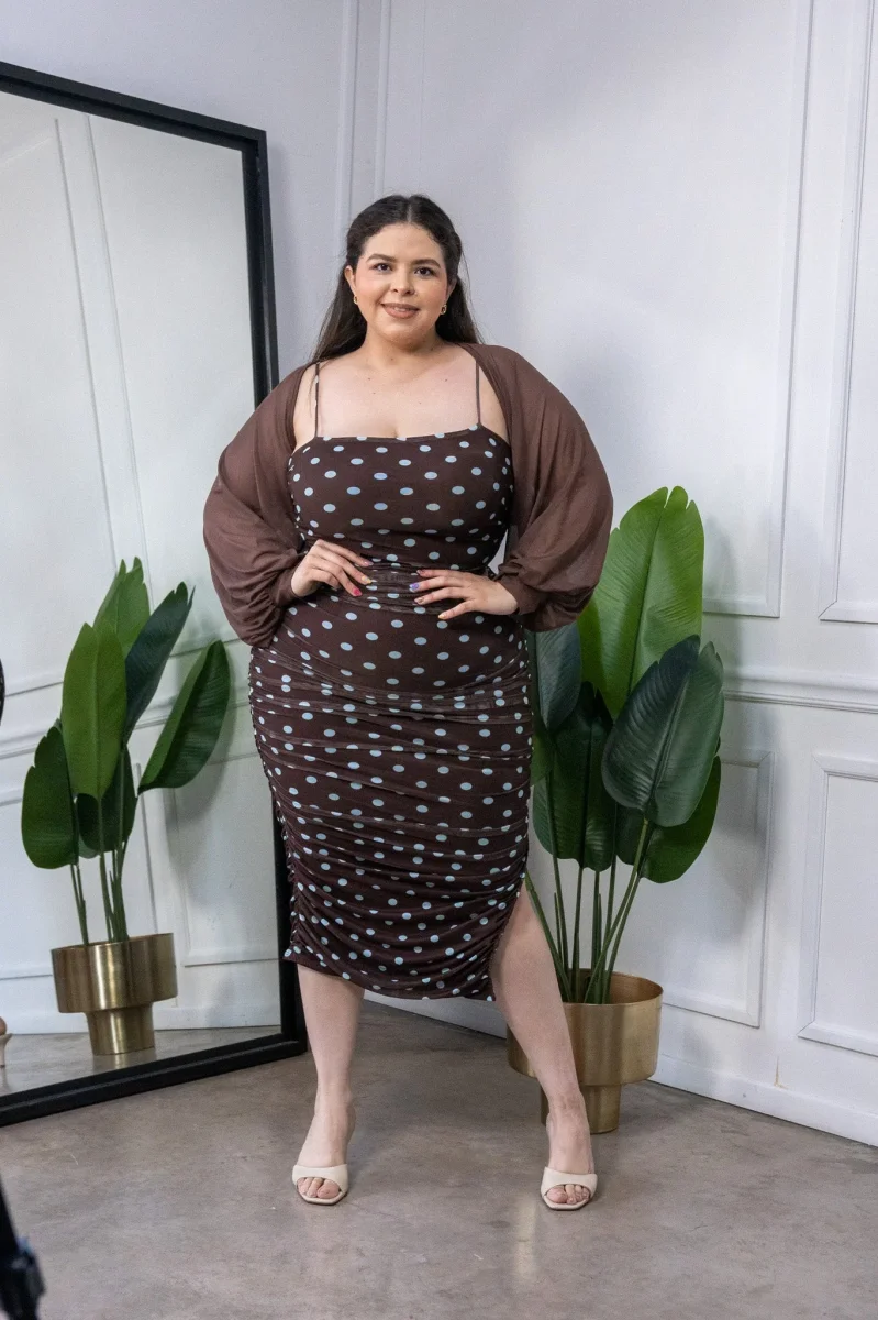 Vestido Midi Curvy Mesh Polka Dots Café - Imagen 4