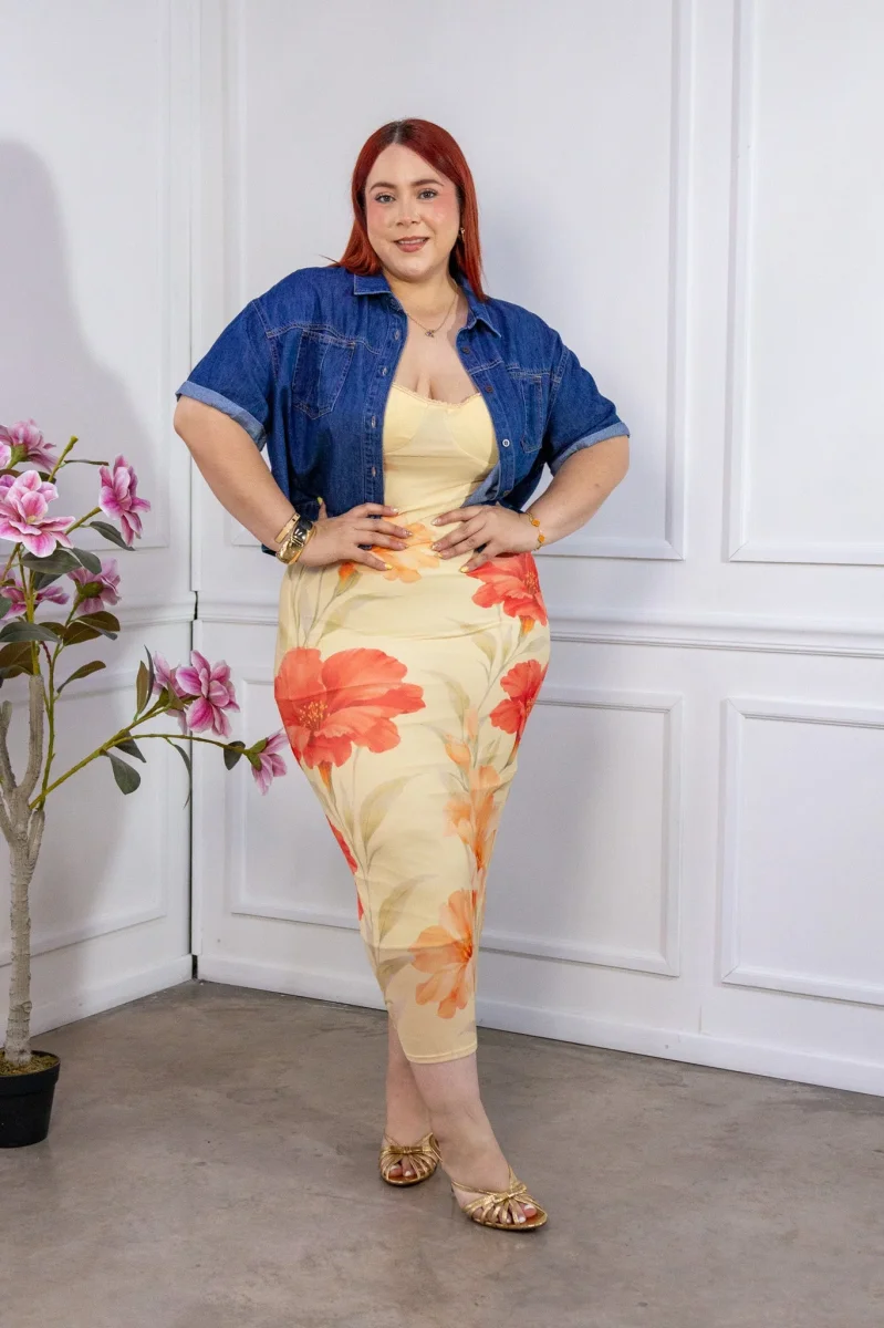 Vestido Curvy Midi Mesh Floral Amarillo Tirantes - Imagen 5