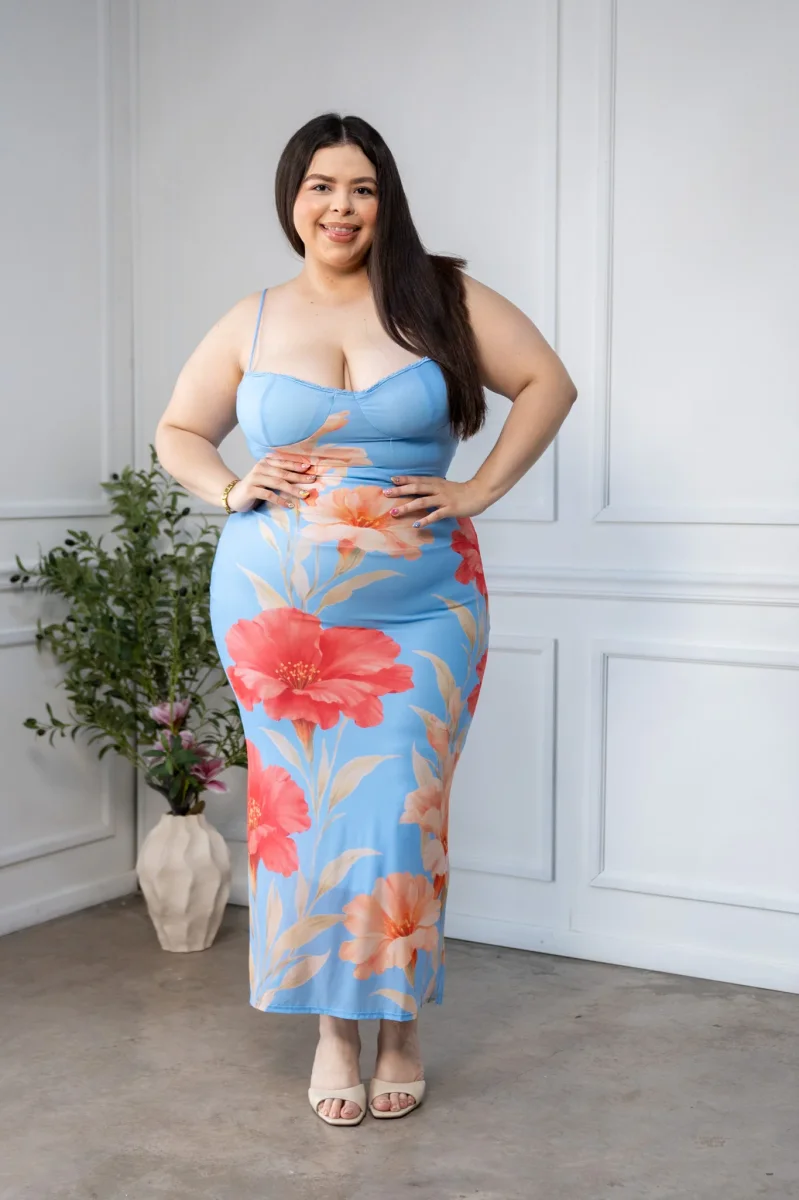 Maxi Vestido Curvy Mesh Print Floral Bodycon Azul - Imagen 4