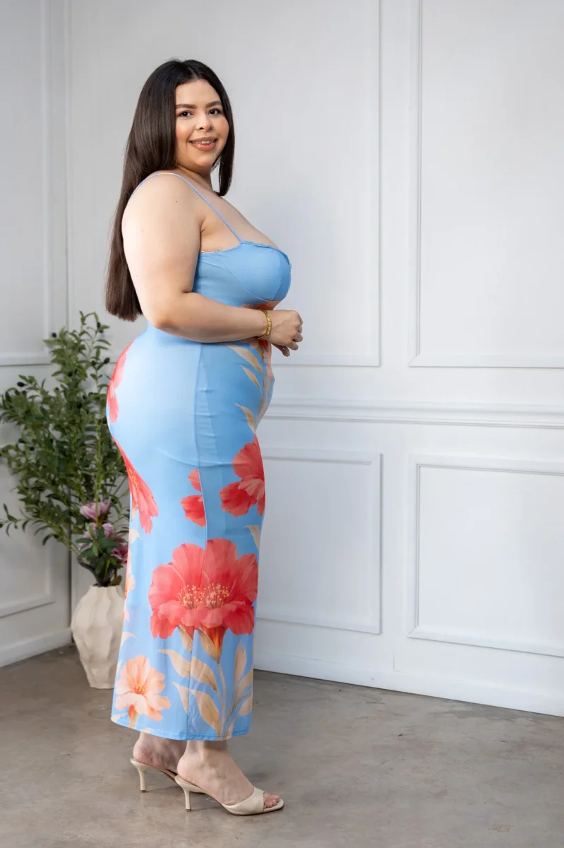 Maxi Vestido Curvy Mesh Print Floral Bodycon Azul - Imagen 7