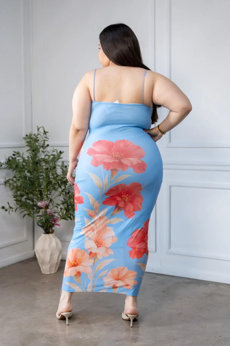 Maxi Vestido Curvy Mesh Print Floral Bodycon Azul - Imagen 8