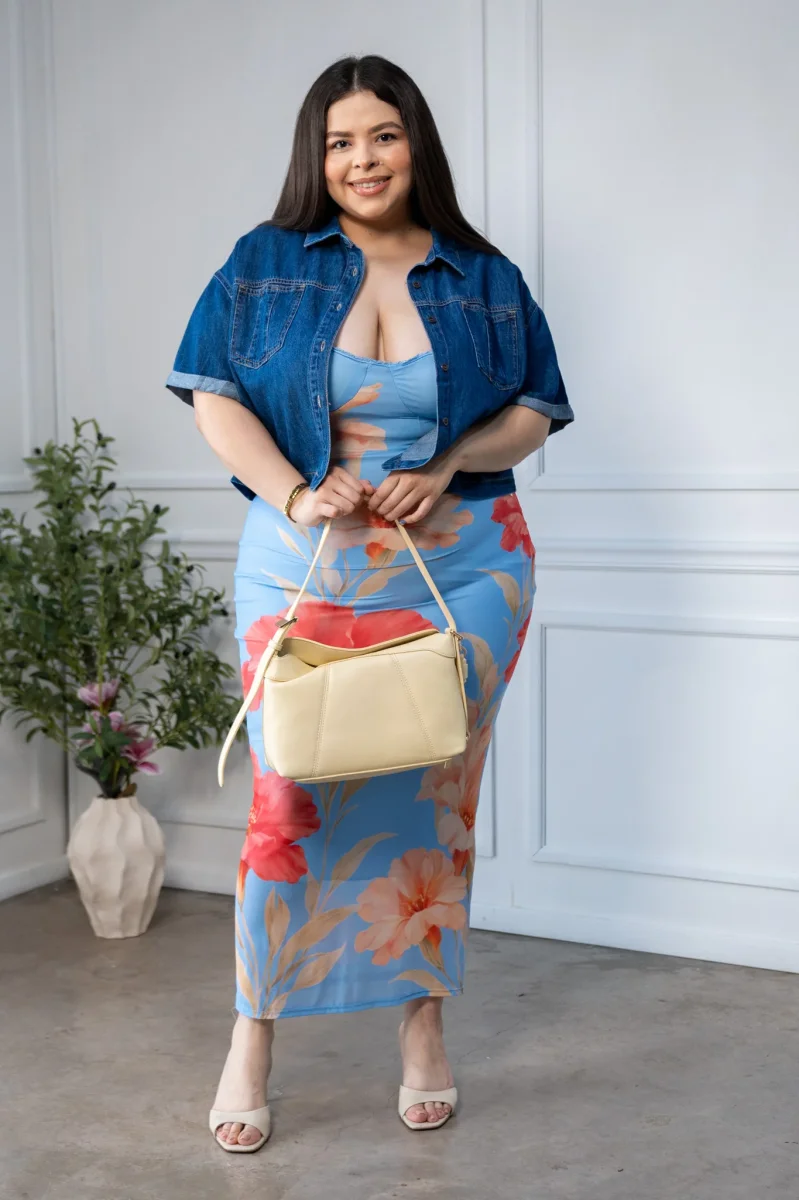 Maxi Vestido Curvy Mesh Print Floral Bodycon Azul - Imagen 5