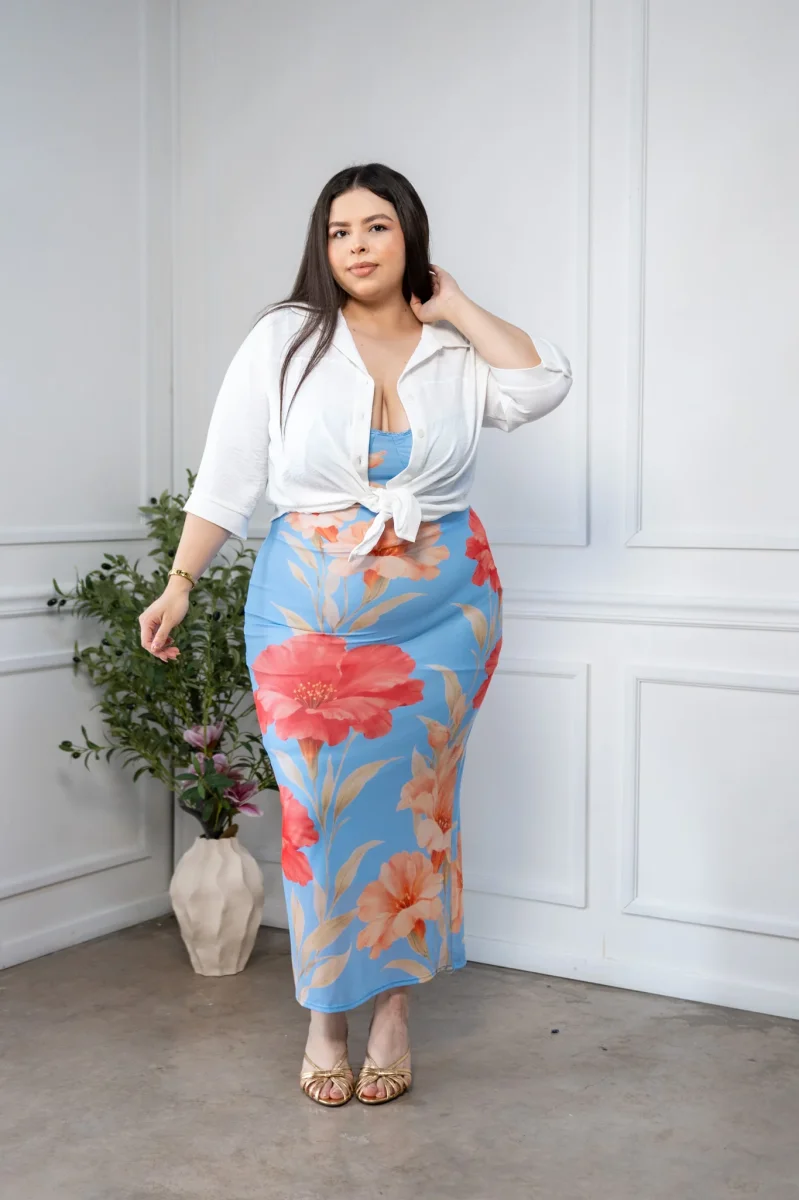 Maxi Vestido Curvy Mesh Print Floral Bodycon Azul - Imagen 6