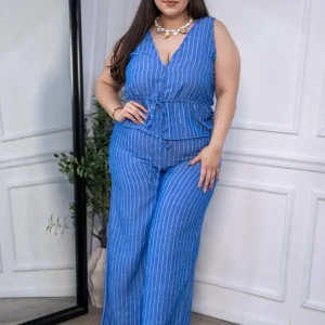 Set Chaleco Cruzado y Pantalon Wide Leg Curvy Rayas Azul