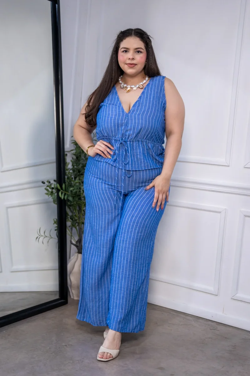 Set Chaleco Cruzado y Pantalon Wide Leg Curvy Rayas Azul