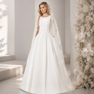 Vestido de novia de mikado estilo princesa con espalda de pedrería en forma de ‘V’.