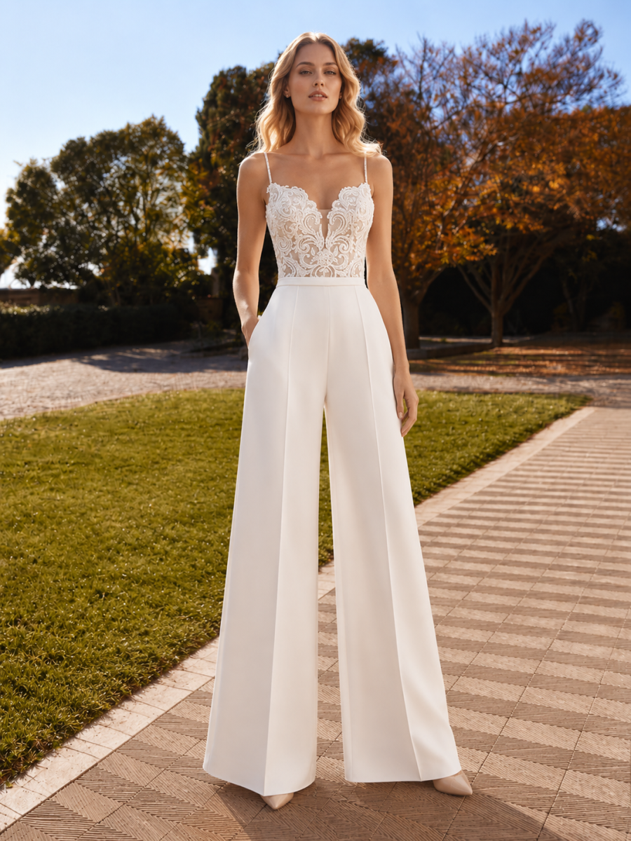 Pantalón novia palazzo con costura central.