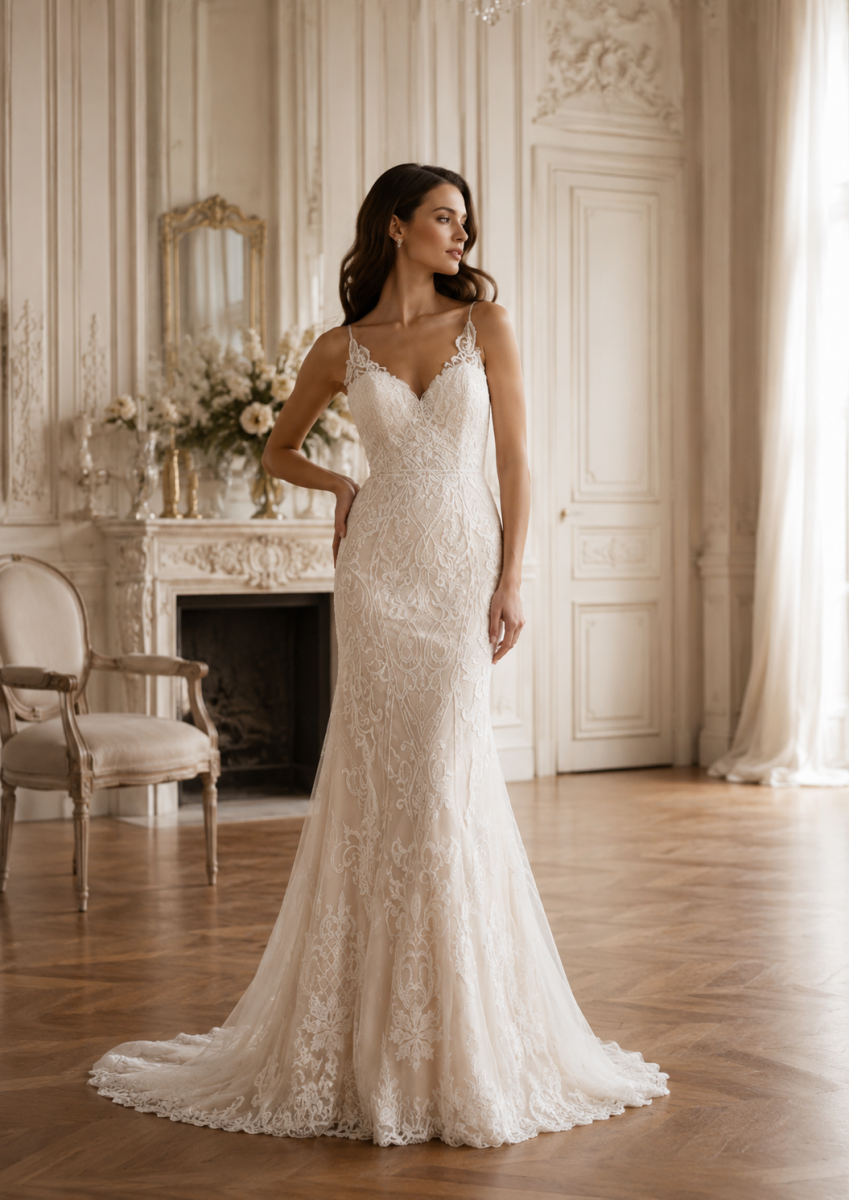 Vestido de novia corte sirena de encaje.