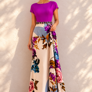 Vestido de fiesta  cuerpo de crepé y falda estampada.