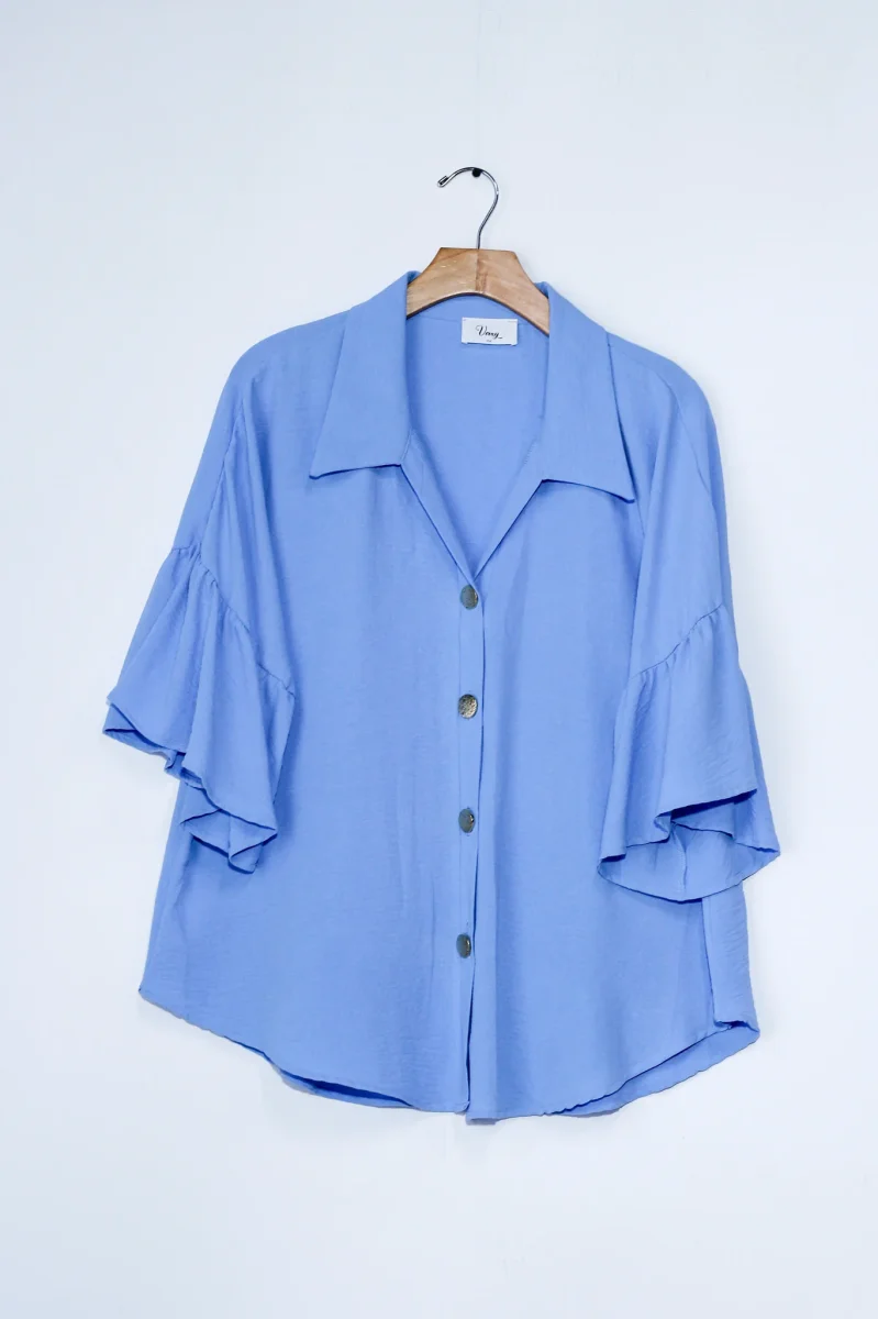 Camisa Curvy Olanes en Manga Azul Femenina Romántica