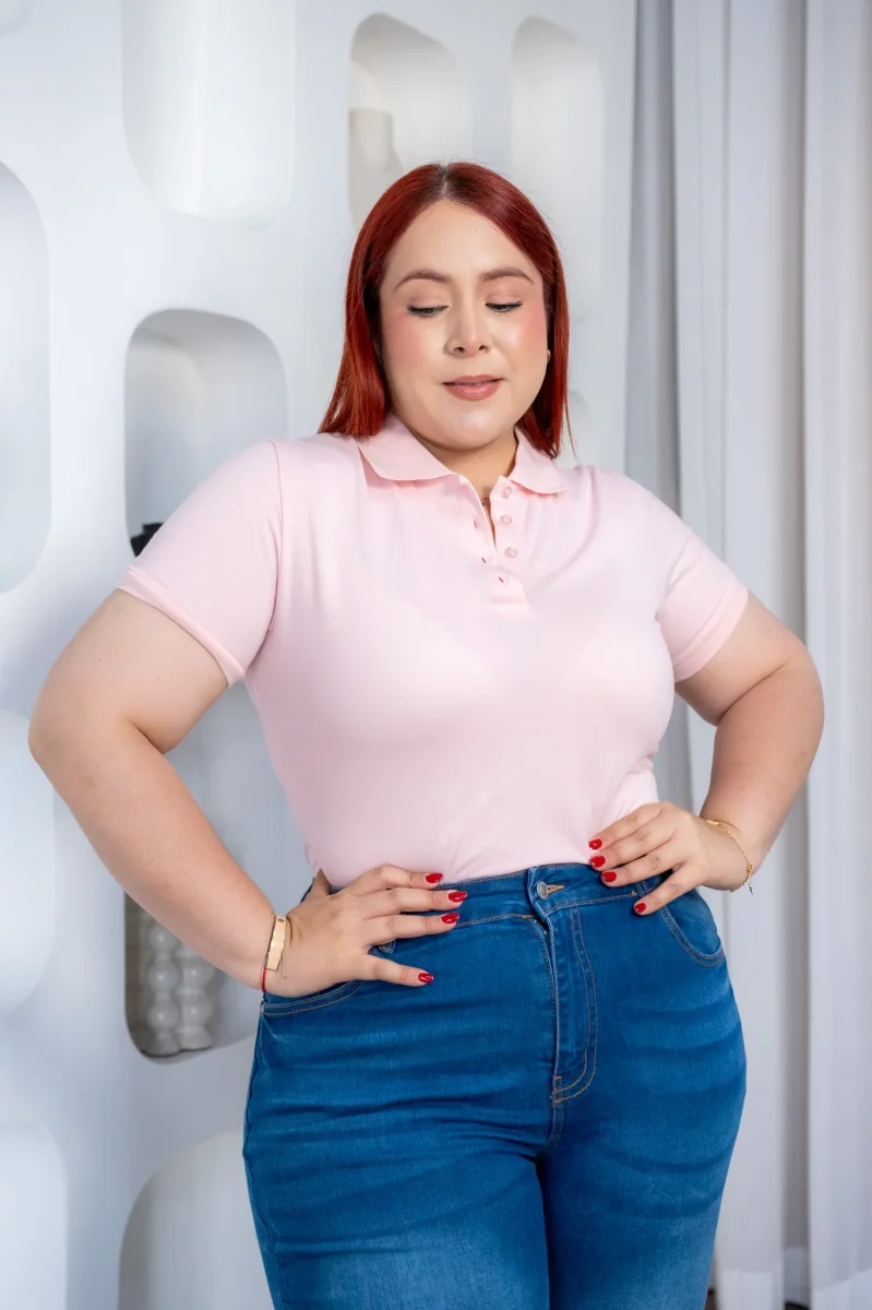 Blusa Polo Curvy Algodón Rosa Pastel Femenina - Imagen 4