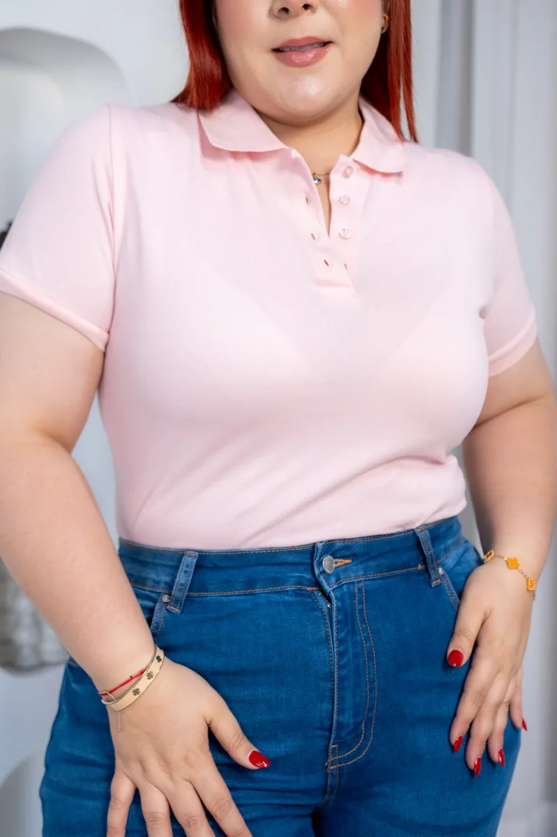 Blusa Polo Curvy Algodón Rosa Pastel Femenina - Imagen 5
