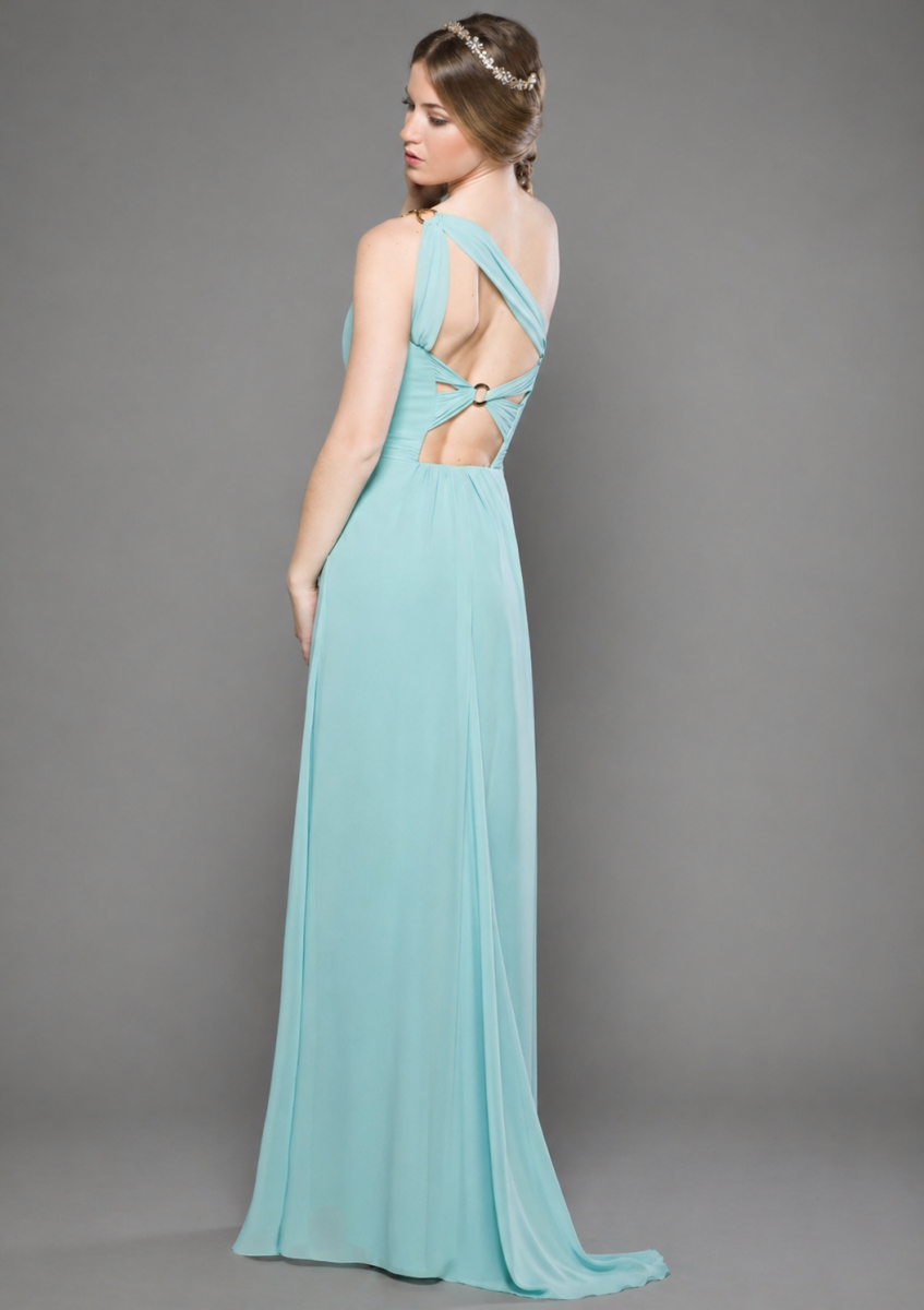 Vestido largo de fiesta en gasa y tirante cruzado en espalda. - Imagen 4