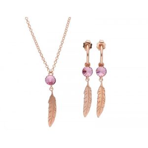 Juego de pendientes y colgante plumas rosas.