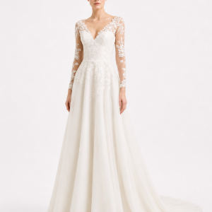 Vestido de Novia estilo romántico con mangas de encaje.