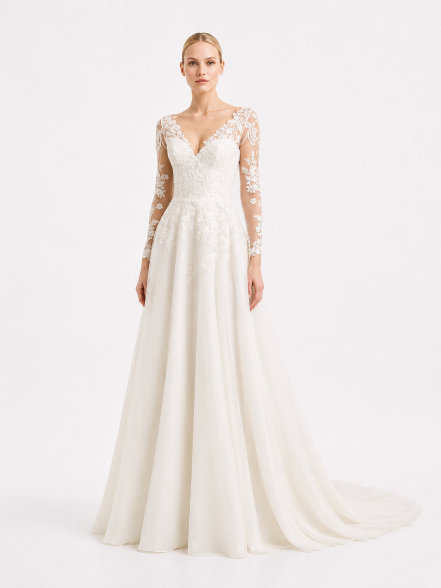 Vestido de Novia estilo romántico con mangas de encaje.