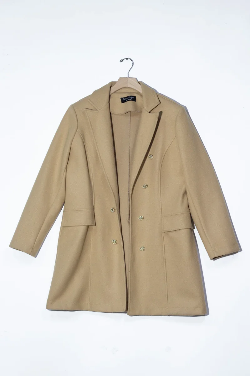 Abrigo Curvy Cruzado Lana Botones Camel Premium Clásico Invierno - Imagen 2