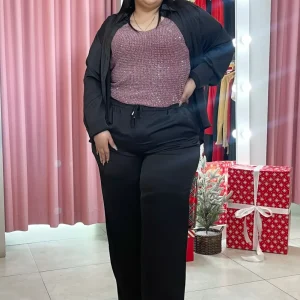 Set Curvy Pantalón Satín Brillo Sutil Elegante Eventos negro