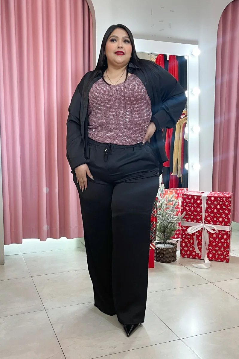 Set Curvy Pantalón Satín Brillo Sutil Elegante Eventos negro - Imagen 2