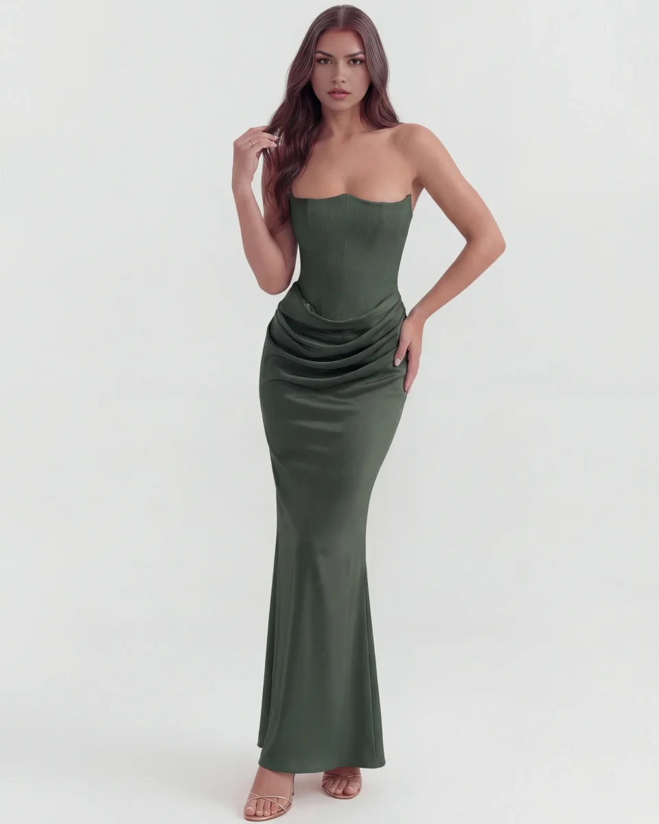 Vestido largo satinado con escote palabra de honor - Imagen 9