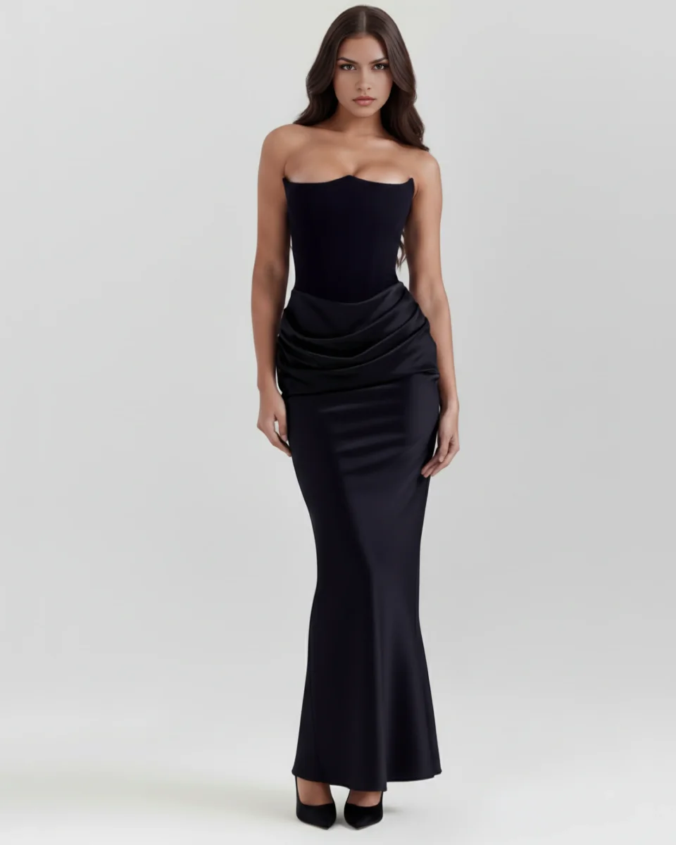 Vestido largo satinado con escote palabra de honor - Imagen 2