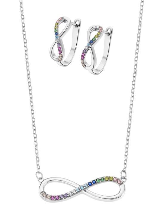 Juego de pendientes y colgante infinito multicolor.