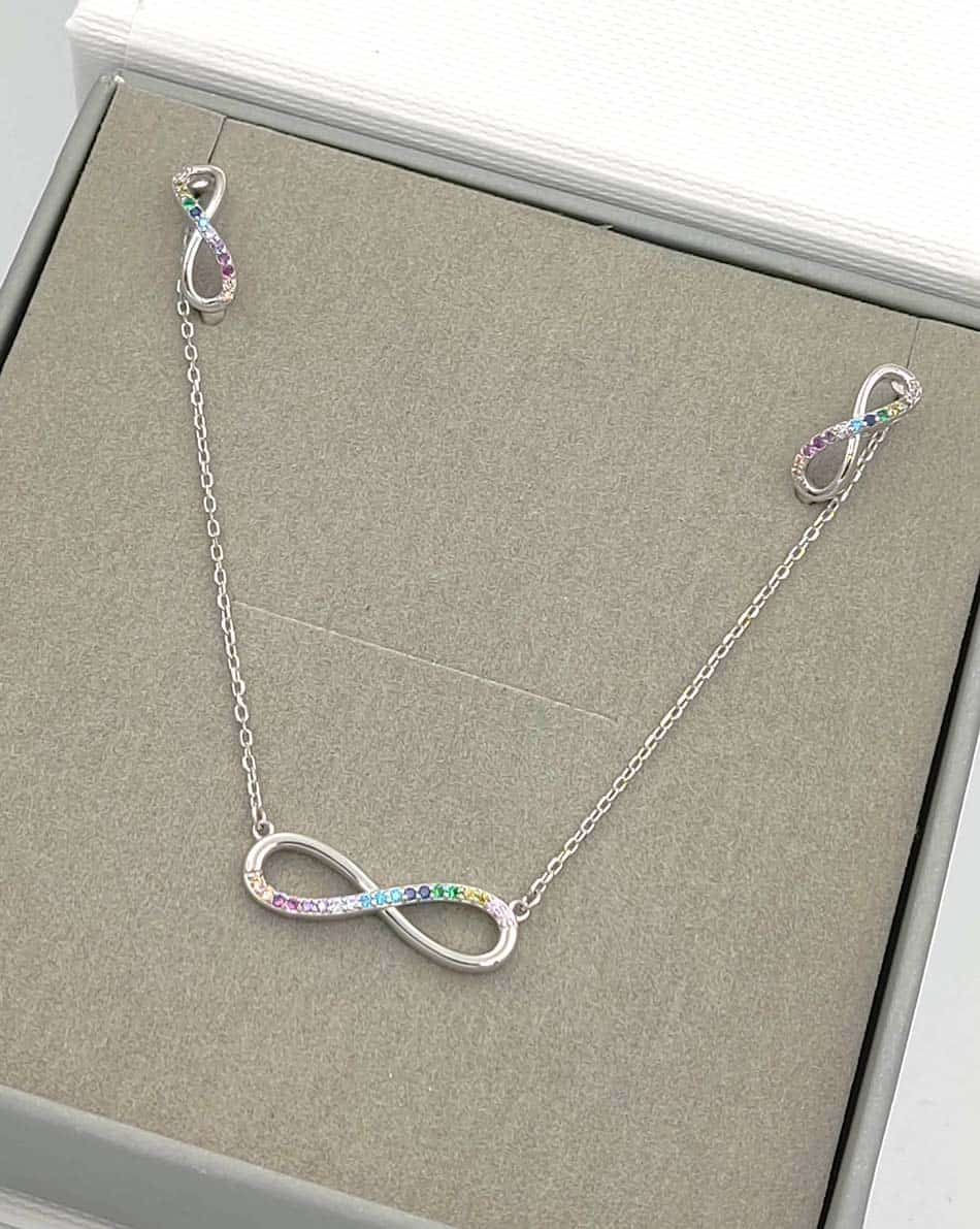 Juego de pendientes y colgante infinito multicolor. - Imagen 3