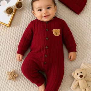 Mameluco Bebé con Detalle de Osito y Gorro Incluido — Otoño Invierno, 1 a 18 Meses