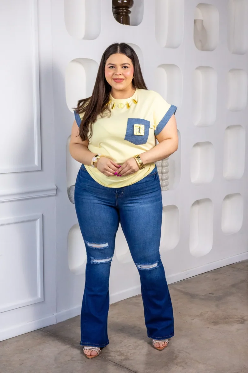 Blusa Curvy Detalles Denim Amarillo Limón - Imagen 4