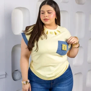 Blusa Curvy Detalles Denim Amarillo Limón
