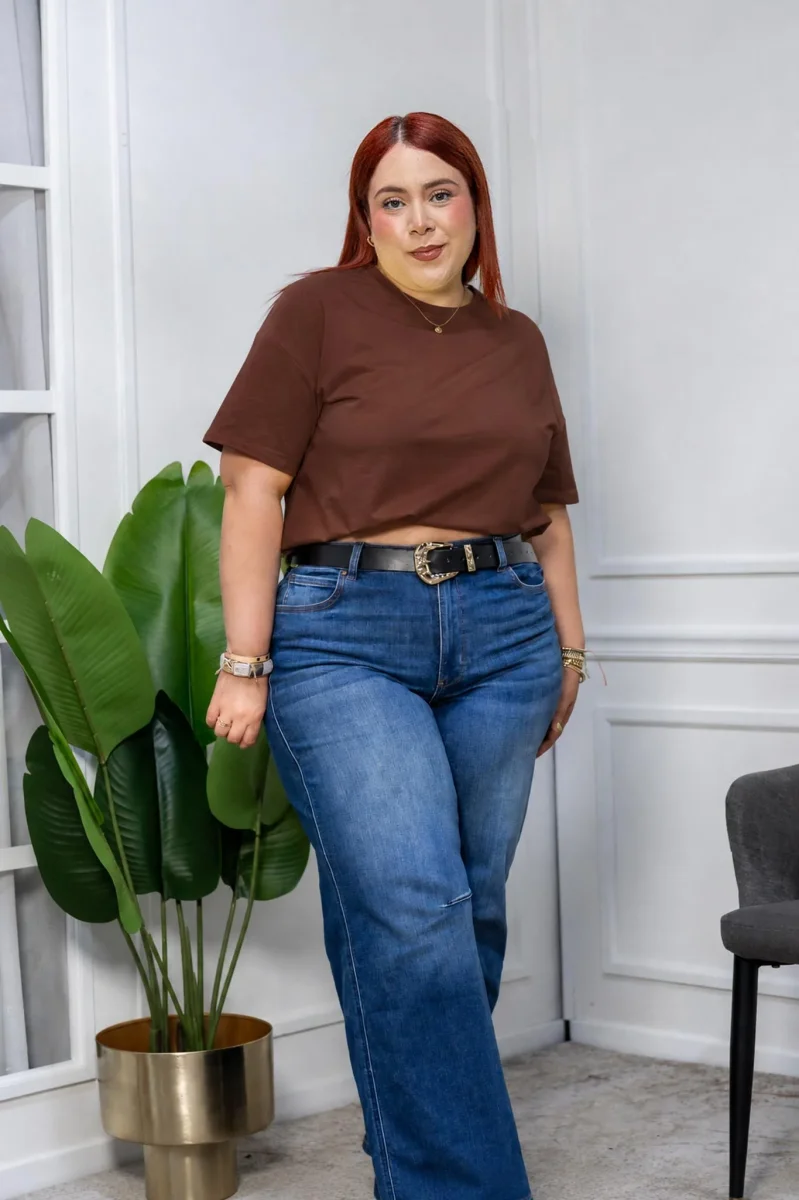 Playera Curvy Oversize Algodón Stretch Verde Olivo y Cafe Casual - Imagen 2