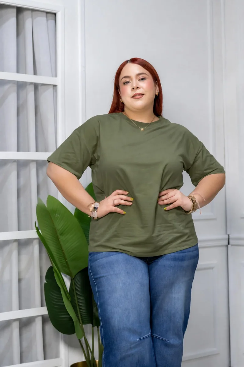 Playera Curvy Oversize Algodón Stretch Verde Olivo y Cafe Casual - Imagen 6