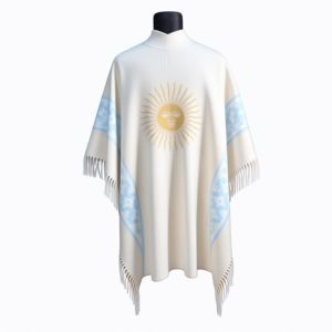 Ruana Sol de Mayo Tejido Amarillo – Guarda Celeste y Crudo