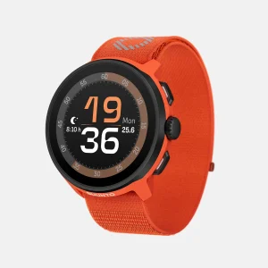 Suunto Run Coral Orange SS051112000 Bisel de acero inoxidable negro con carcasa de color coral y correa textil con logotipo reflectante de SUUNTO.