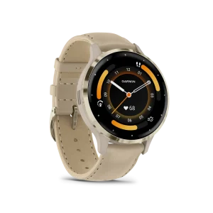 Venu® 3S Bisel de acero inoxidable de color beige gold con caja en gris francés y correa de cuero beige gold, 010-02785-55