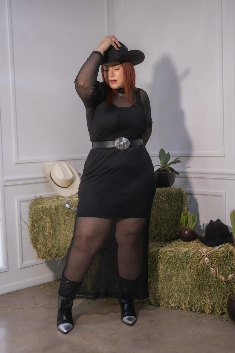 Maxi Vestido Curvy Mesh Negro Statement Eventos Sofisticado