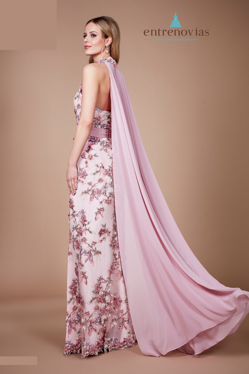 Vestido largo de invitada de tul con mitad del cuerpo y mitad de falda bordada de flores. - Imagen 3