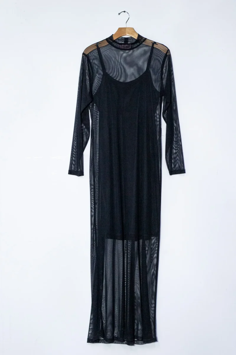 Maxi Vestido Curvy Mesh Negro Statement Eventos Sofisticado - Imagen 4