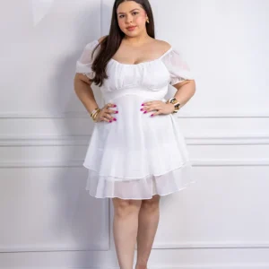 Vestido Curvy Corto Gasa Mangas Globo Blanco
